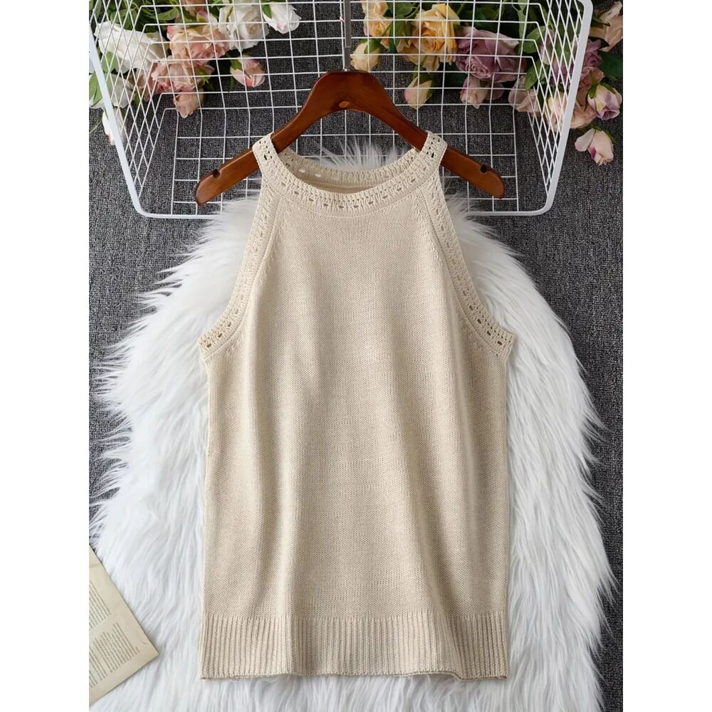 Cream Ivory Knit Halter Tank Top Sweater Crochet Trim Sleeveless Women's M